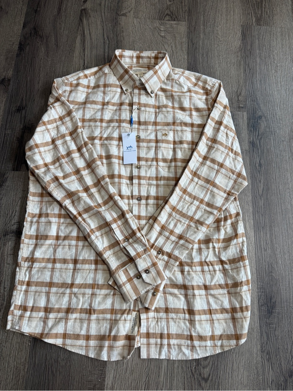 Southern Tide Beige and Brown Plaid Button-Down Shirt